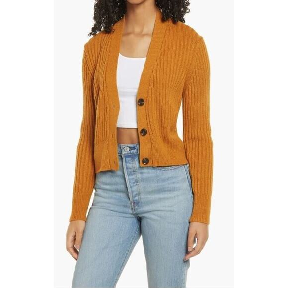 Lulus Women's Rib Knit Crop V-Neck Cardigan in Camel XSmall MSRP $52 - Picture 1 of 6